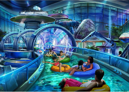 Visualisierung eines futuristischen Lazy River mit Rutschreifen und Lichteffekten.