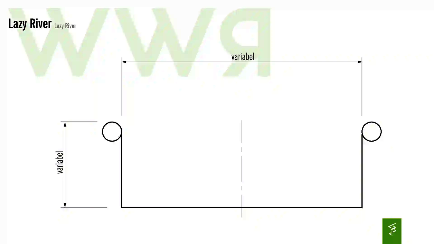 Technische Zeichnung der Abmessungen der Lazy River Wasserrutsche.